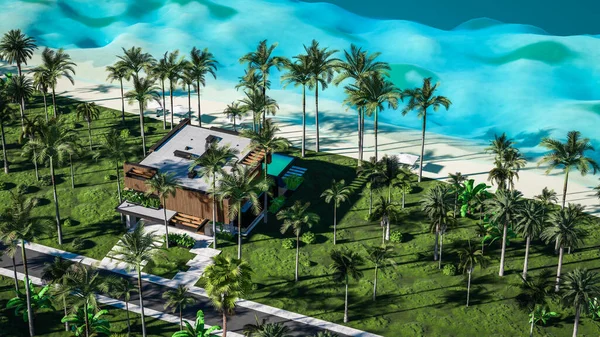 3D提供现代化舒适的房子 设有停车场和游泳池供出售或租用 或在海边或海边设有木板立面 阳光普照的海边 热带岛屿上有棕榈树和花朵 — 图库照片