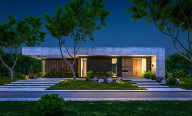 Modern tarzda yeni beton bir ev, havuz, park yeri ya da kira ve arka planda güzel bir peyzaj. Sadece bir kat. Gökyüzünde bir sürü yıldızla berrak bir yaz gecesi.