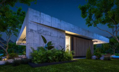 Modern tarzda yeni beton bir ev, havuz, park yeri ya da kira ve arka planda güzel bir peyzaj. Sadece bir kat. Gökyüzünde bir sürü yıldızla berrak bir yaz gecesi.