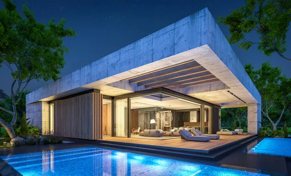 Representación Nueva Casa Hormigón Estilo Moderno Con Piscina Aparcamiento Venta — Foto de Stock