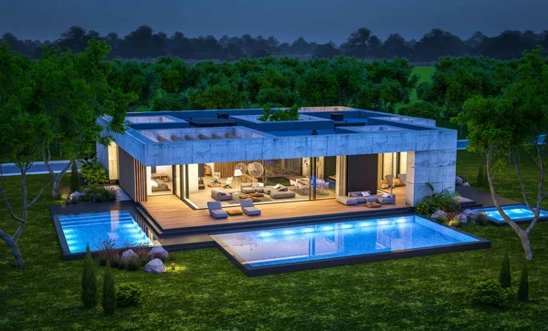 Rendering New Concrete House Modern Style Pool Parking Sale Rent — Stockfoto