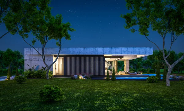 Modern tarzda yeni beton bir ev, havuz, park yeri ya da kira ve arka planda güzel bir peyzaj. Sadece bir kat. Gökyüzünde bir sürü yıldızla berrak bir yaz gecesi.