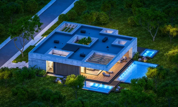 Rendering Von Neuen Betonhaus Modernen Stil Mit Pool Und Parkplatz — Stockfoto