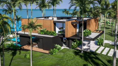 Park yeri ve havuzu olan ya da deniz ya da okyanus kıyısında ahşap cepheli modern konforlu bir ev. Tropikal adada palmiye ağaçları ve çiçeklerle masmavi sahilde güneşli bir gün.