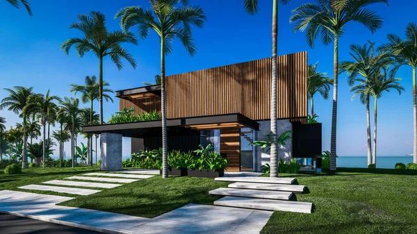 Park yeri ve havuzu olan ya da deniz ya da okyanus kıyısında ahşap cepheli modern konforlu bir ev. Tropikal adada palmiye ağaçları ve çiçeklerle masmavi sahilde güneşli bir gün.