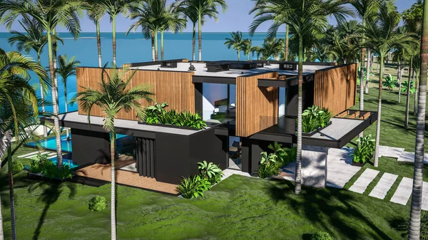Park yeri ve havuzu olan ya da deniz ya da okyanus kıyısında ahşap cepheli modern konforlu bir ev. Tropikal adada palmiye ağaçları ve çiçeklerle masmavi sahilde güneşli bir gün.