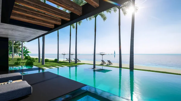 Park yeri ve havuzu olan ya da deniz ya da okyanus kıyısında ahşap cepheli modern konforlu bir ev. Tropikal adada palmiye ağaçları ve çiçeklerle masmavi sahilde güneşli bir gün.