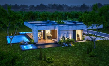 Modern tarzda yeni beton bir ev, havuz, park yeri ya da kira ve arka planda güzel bir peyzaj. Sadece bir kat. Gökyüzünde bir sürü yıldızla berrak bir yaz gecesi.