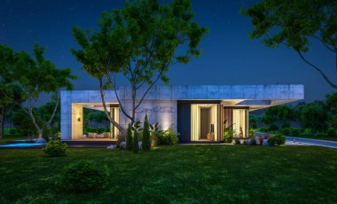 Modern tarzda yeni beton bir ev, havuz, park yeri ya da kira ve arka planda güzel bir peyzaj. Sadece bir kat. Gökyüzünde bir sürü yıldızla berrak bir yaz gecesi.