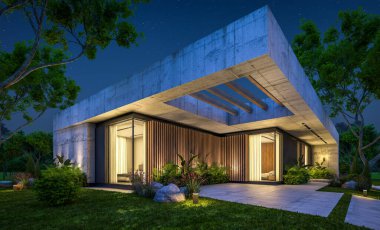 Modern tarzda yeni beton bir ev, havuz, park yeri ya da kira ve arka planda güzel bir peyzaj. Sadece bir kat. Gökyüzünde bir sürü yıldızla berrak bir yaz gecesi.