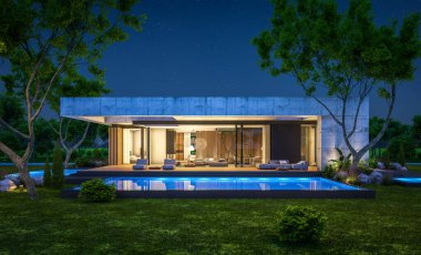 Modern tarzda yeni beton bir ev, havuz, park yeri ya da kira ve arka planda güzel bir peyzaj. Sadece bir kat. Gökyüzünde bir sürü yıldızla berrak bir yaz gecesi.