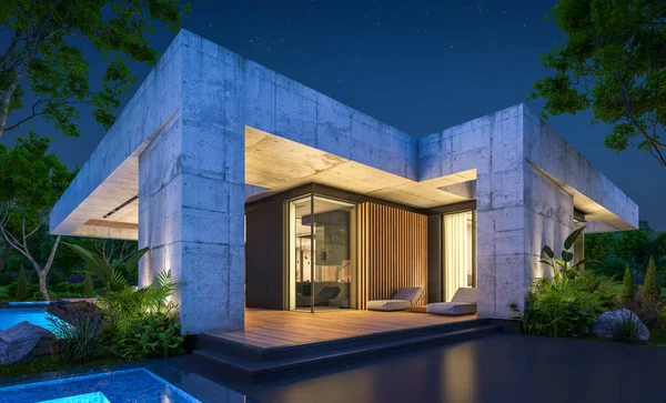 Representación Nueva Casa Hormigón Estilo Moderno Con Piscina Aparcamiento Venta — Foto de Stock