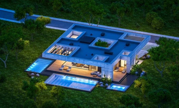 Representación Nueva Casa Hormigón Estilo Moderno Con Piscina Aparcamiento Venta — Foto de Stock