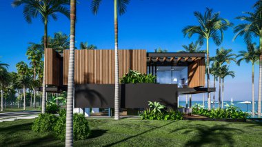 Park yeri ve havuzu olan ya da deniz ya da okyanus kıyısında ahşap cepheli modern konforlu bir ev. Tropikal adada palmiye ağaçları ve çiçeklerle masmavi sahilde güneşli bir gün.