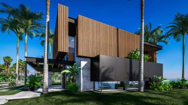 Park yeri ve havuzu olan ya da deniz ya da okyanus kıyısında ahşap cepheli modern konforlu bir ev. Tropikal adada palmiye ağaçları ve çiçeklerle masmavi sahilde güneşli bir gün.