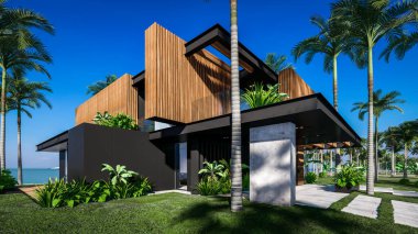 Park yeri ve havuzu olan ya da deniz ya da okyanus kıyısında ahşap cepheli modern konforlu bir ev. Tropikal adada palmiye ağaçları ve çiçeklerle masmavi sahilde güneşli bir gün.