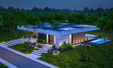 Modern tarzda yeni beton bir ev, havuz, park yeri ya da kira ve arka planda güzel bir peyzaj. Sadece bir kat. Gökyüzünde bir sürü yıldızla berrak bir yaz gecesi.