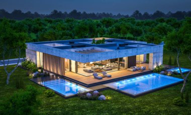 3d rendering of new concrete house in modern style with pool and parking for sale or rent and beautiful landscaping on background. Only one floor. Clear summer night with many stars on the sky.