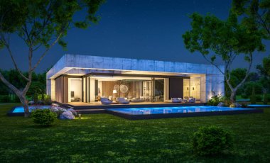 Modern tarzda yeni beton bir ev, havuz, park yeri ya da kira ve arka planda güzel bir peyzaj. Sadece bir kat. Gökyüzünde bir sürü yıldızla berrak bir yaz gecesi.