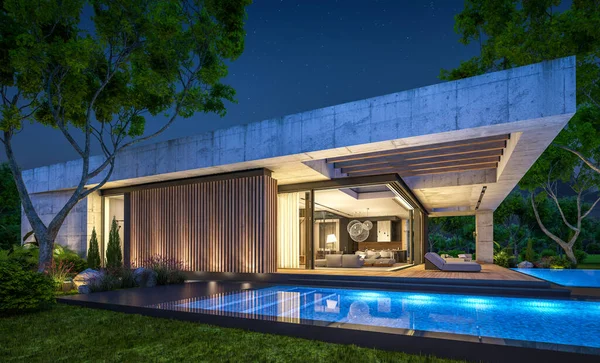 Rendering New Concrete House Modern Style Pool Parking Sale Rent — Stock Fotó