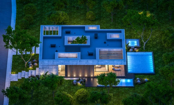 Representación Nueva Casa Hormigón Estilo Moderno Con Piscina Aparcamiento Venta — Foto de Stock