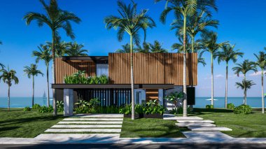 Park yeri ve havuzu olan ya da deniz ya da okyanus kıyısında ahşap cepheli modern konforlu bir ev. Tropikal adada palmiye ağaçları ve çiçeklerle masmavi sahilde güneşli bir gün.