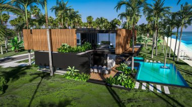 Park yeri ve havuzu olan ya da deniz ya da okyanus kıyısında ahşap cepheli modern konforlu bir ev. Tropikal adada palmiye ağaçları ve çiçeklerle masmavi sahilde güneşli bir gün.