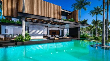 Park yeri ve havuzu olan ya da deniz ya da okyanus kıyısında ahşap cepheli modern konforlu bir ev. Tropikal adada palmiye ağaçları ve çiçeklerle masmavi sahilde güneşli bir gün.