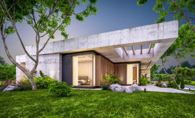 Modern tarzda yeni beton bir ev, havuz, park yeri ya da kira ve arka planda güzel bir peyzaj. Sadece bir kat. Pencerenin sıcacık ışıklarıyla berrak bir yaz akşamı