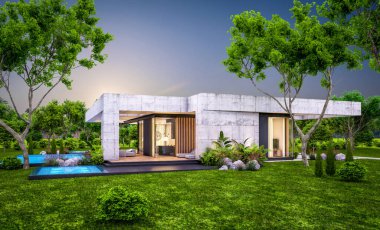 Modern tarzda yeni beton bir ev, havuz, park yeri ya da kira ve arka planda güzel bir peyzaj. Sadece bir kat. Pencerenin sıcacık ışıklarıyla berrak bir yaz akşamı