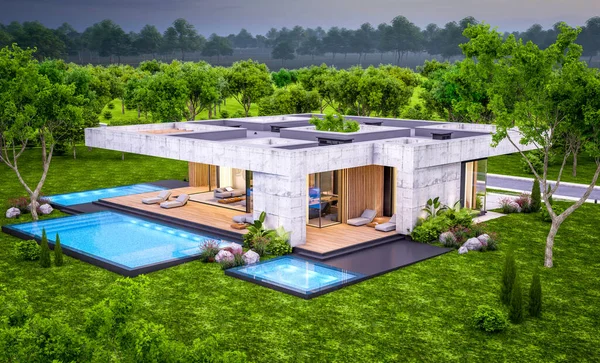 Rendering Nuova Casa Cemento Stile Moderno Con Piscina Parcheggio Vendita — Foto Stock