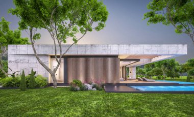 Modern tarzda yeni beton bir ev, havuz, park yeri ya da kira ve arka planda güzel bir peyzaj. Sadece bir kat. Pencerenin sıcacık ışıklarıyla berrak bir yaz akşamı