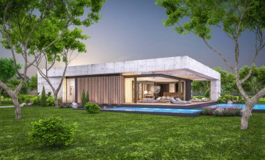 Modern tarzda yeni beton bir ev, havuz, park yeri ya da kira ve arka planda güzel bir peyzaj. Sadece bir kat. Pencerenin sıcacık ışıklarıyla berrak bir yaz akşamı