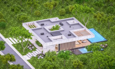 Modern tarzda yeni beton bir ev, havuz, park yeri ya da kira ve arka planda güzel bir peyzaj. Sadece bir kat. Pencerenin sıcacık ışıklarıyla berrak bir yaz akşamı