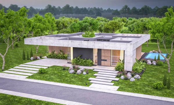 Representación Nueva Casa Hormigón Estilo Moderno Con Piscina Aparcamiento Venta — Foto de Stock