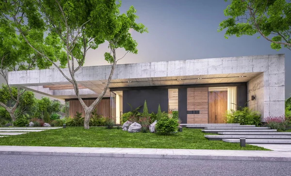 Modern tarzda yeni beton bir ev, havuz, park yeri ya da kira ve arka planda güzel bir peyzaj. Sadece bir kat. Pencerenin sıcacık ışıklarıyla berrak bir yaz akşamı