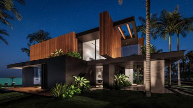 Park yeri ve havuzu olan ya da deniz ya da okyanus kıyısında ahşap cepheli modern konforlu bir ev. Tropikal adada palmiye ağaçları ve çiçeklerle masmavi sahilde yıldız ışığı gecesi