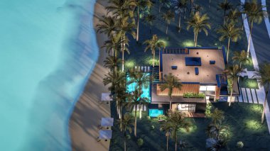 Park yeri ve havuzu olan ya da deniz ya da okyanus kıyısında ahşap cepheli modern konforlu bir ev. Tropikal adada palmiye ağaçları ve çiçeklerle masmavi sahilde yıldız ışığı gecesi