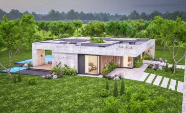 Modern tarzda yeni beton bir ev, havuz, park yeri ya da kira ve arka planda güzel bir peyzaj. Sadece bir kat. Pencerenin sıcacık ışıklarıyla berrak bir yaz akşamı