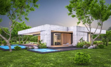 Modern tarzda yeni beton bir ev, havuz, park yeri ya da kira ve arka planda güzel bir peyzaj. Sadece bir kat. Pencerenin sıcacık ışıklarıyla berrak bir yaz akşamı