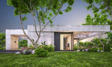 Modern tarzda yeni beton bir ev, havuz, park yeri ya da kira ve arka planda güzel bir peyzaj. Sadece bir kat. Pencerenin sıcacık ışıklarıyla berrak bir yaz akşamı