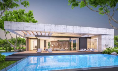 Modern tarzda yeni beton bir ev, havuz, park yeri ya da kira ve arka planda güzel bir peyzaj. Sadece bir kat. Pencerenin sıcacık ışıklarıyla berrak bir yaz akşamı