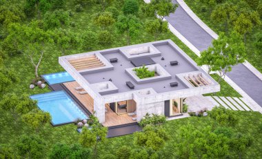 Modern tarzda yeni beton bir ev, havuz, park yeri ya da kira ve arka planda güzel bir peyzaj. Sadece bir kat. Pencerenin sıcacık ışıklarıyla berrak bir yaz akşamı