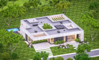 Modern tarzda yeni beton bir ev, havuz, park yeri ya da kira ve arka planda güzel bir peyzaj. Sadece bir kat. Pencerenin sıcacık ışıklarıyla berrak bir yaz akşamı