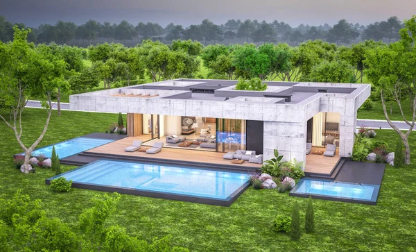 Representación Nueva Casa Hormigón Estilo Moderno Con Piscina Aparcamiento Venta — Foto de Stock