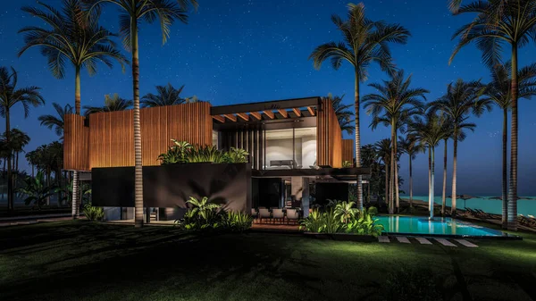 3D提供现代化舒适的房子 设有停车场和游泳池供出售或租用 或在海边或海边设有木板立面 热带岛屿上的星夜 碧绿的海岸上 长着棕榈树和花朵 — 图库照片