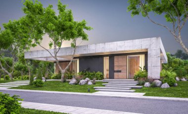 Modern tarzda yeni beton bir ev, havuz, park yeri ya da kira ve arka planda güzel bir peyzaj. Sadece bir kat. Pencerenin sıcacık ışıklarıyla berrak bir yaz akşamı