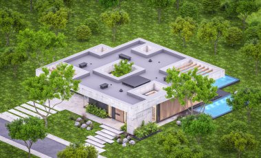 Modern tarzda yeni beton bir ev, havuz, park yeri ya da kira ve arka planda güzel bir peyzaj. Sadece bir kat. Pencerenin sıcacık ışıklarıyla berrak bir yaz akşamı