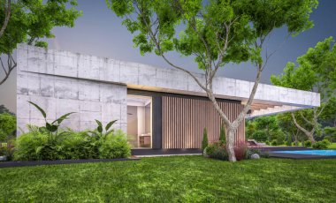 Modern tarzda yeni beton bir ev, havuz, park yeri ya da kira ve arka planda güzel bir peyzaj. Sadece bir kat. Pencerenin sıcacık ışıklarıyla berrak bir yaz akşamı