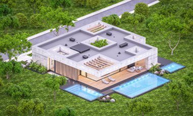 Modern tarzda yeni beton bir ev, havuz, park yeri ya da kira ve arka planda güzel bir peyzaj. Sadece bir kat. Pencerenin sıcacık ışıklarıyla berrak bir yaz akşamı